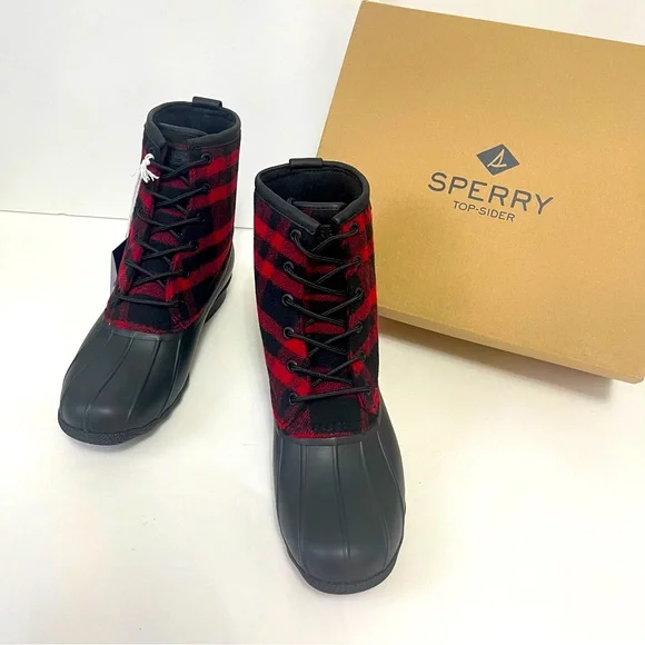 SPERRY Men's Wool Buffalo Plaid Duck Boots Red Black NIB